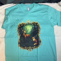 One Of One Teal Forest Deer & Fox Graphic T-Shirt Premium Cotton Nature Wildlife Tee Size US L