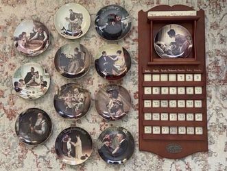 RARE Norman Rockwell American Mid-Century Porcelain Plate and Tile Wooden Wall Calendar