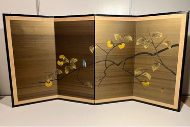 Vintage Japanese Four-Panel Byōbu Folding Silk Screen Persimmon & Bird Motif