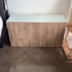 IKEA BESTÅ Storage Unit w/ 2 Shelves, Oak-Effect Doors & Glass Top – $60 OBO (Echo Park)