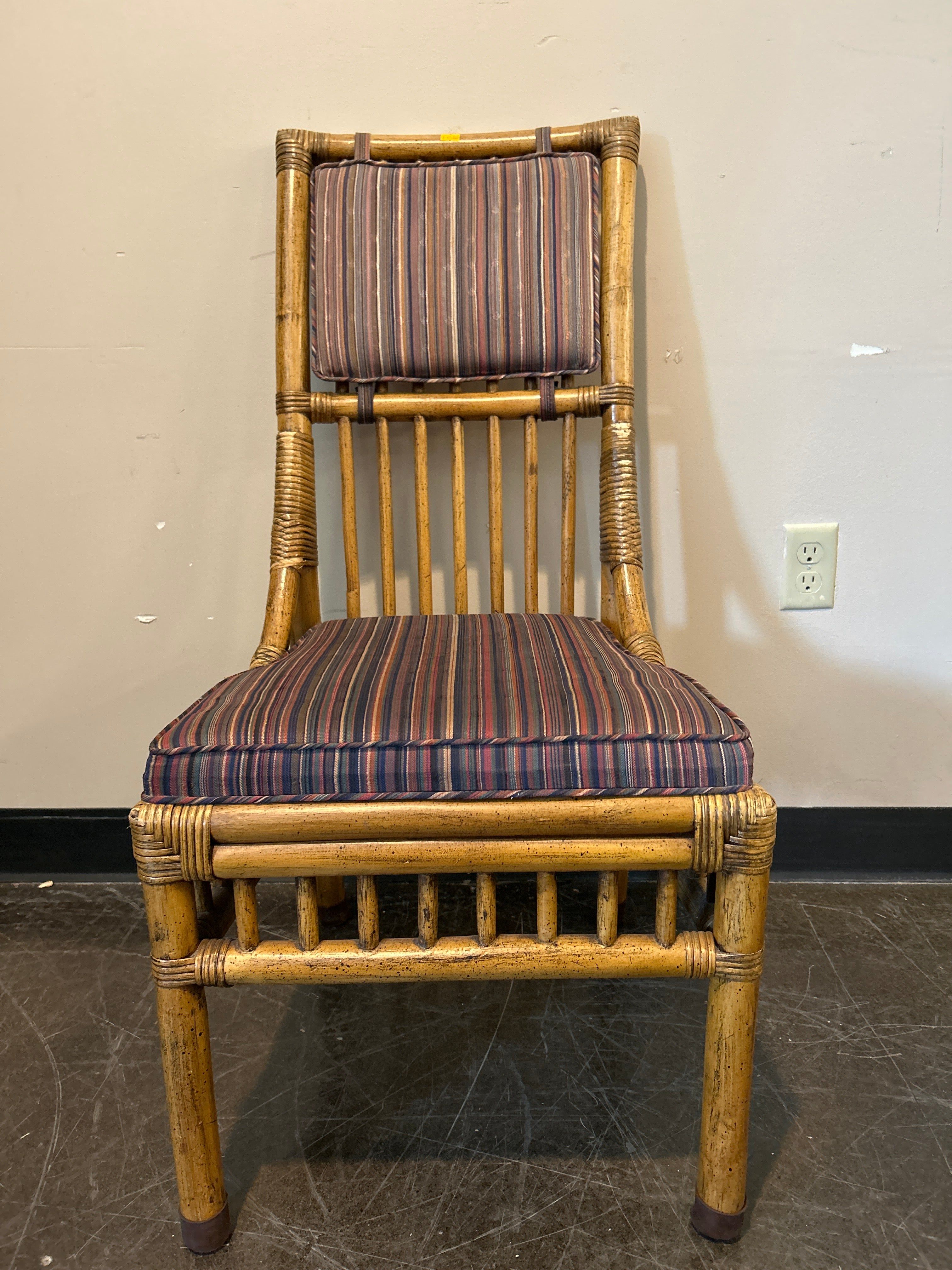 Henredon Bamboo Rattan Dining Chair Set – Striped Cushion, Armless