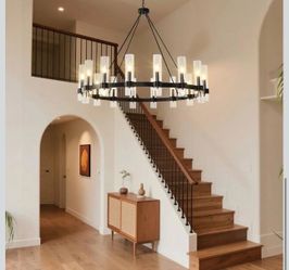 Brand new in box 48’ black chandelier with glass shade (16 lights)