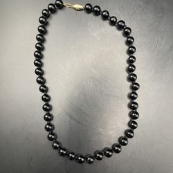Vintage Genuine Black Onyx Bead Necklace with 14K Yellow Gold Clasp - 15” 