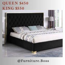 Black Beds - Contemporary Style Beds In Luxurious Black Fabrics - King And Queen Sizes - Mattress Sold Separately 