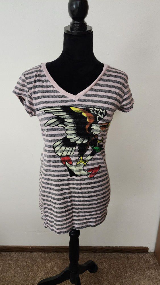 Ed Hardy Light Pink & Black Striped Eagle V-neck Women's T-shirt Size M