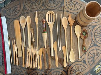 Scandinavian wooden kitchen utensils w/wood barrel and mug containers. 2 w/rosemaling, 2 w/city names. 45 pieces total.