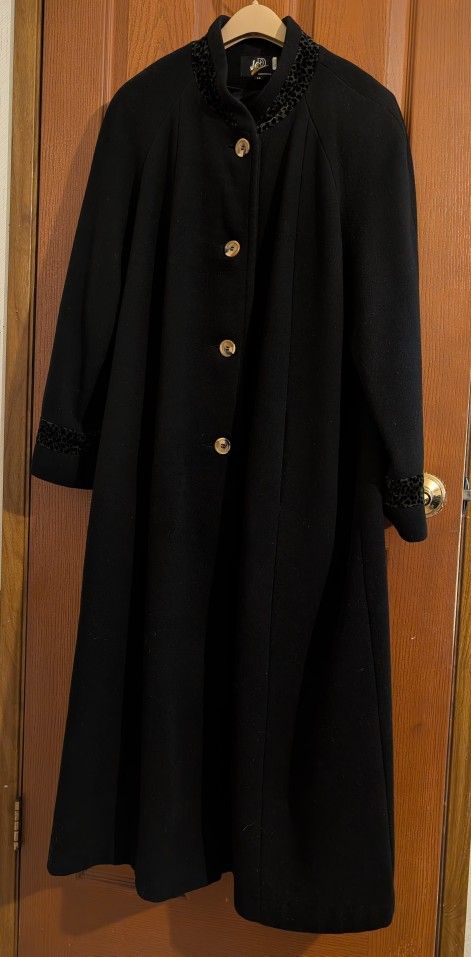 JED Black Long Wool Blend Dress Coat With Faux Leopard Accents, Size 14 Women's