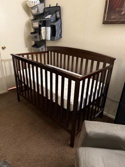 Dark Wood Baby Crib with Mattress