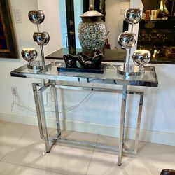 Great Thick Chrome Console Table W Glass Top