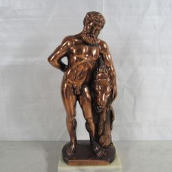 Herakles & Lion Copper Statue On Marble Base 15 1/2" Tall
