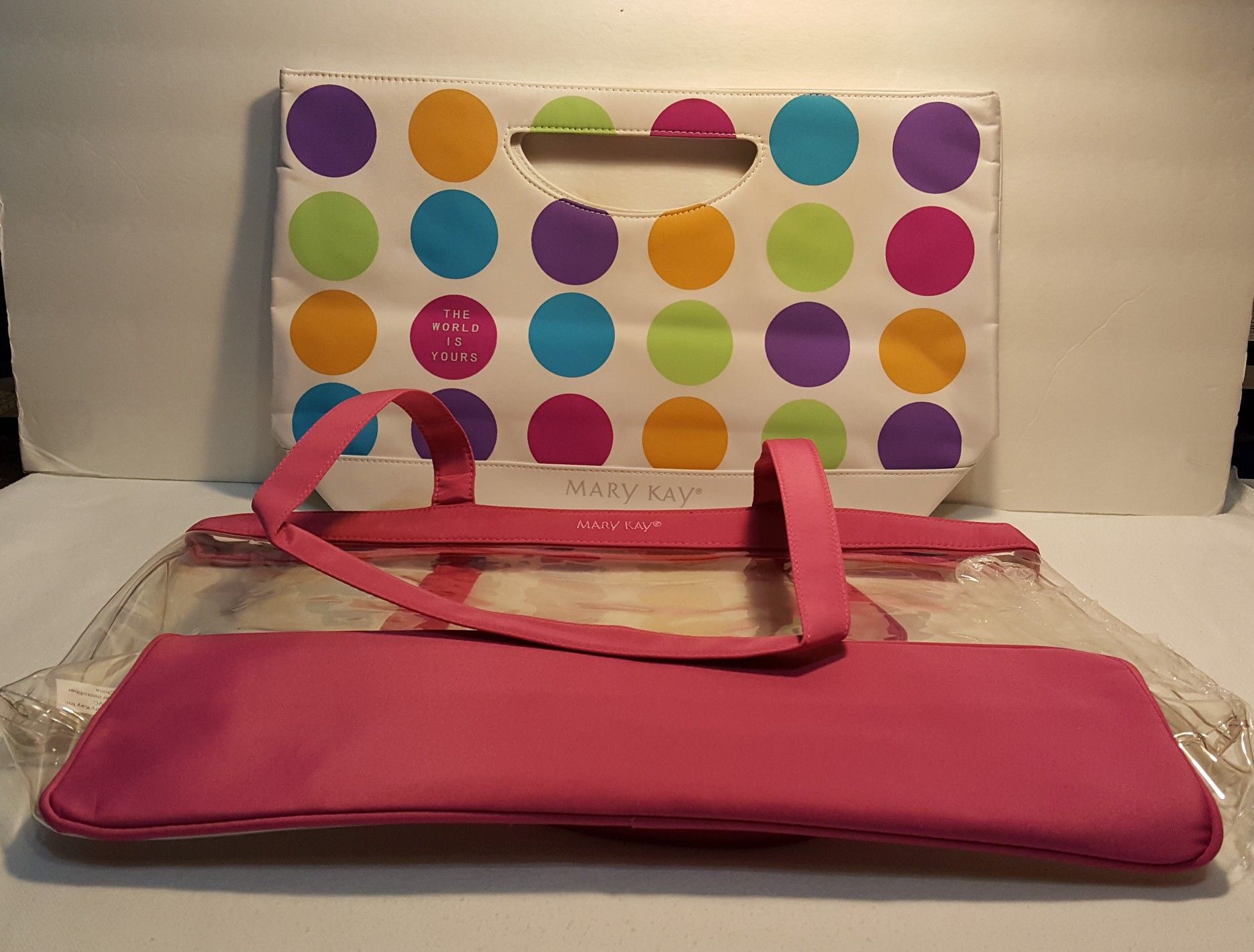 PRICE CHANGE New Mary Kay Double Tote Beach Bag clear plastic and multi dotted inner Tote.