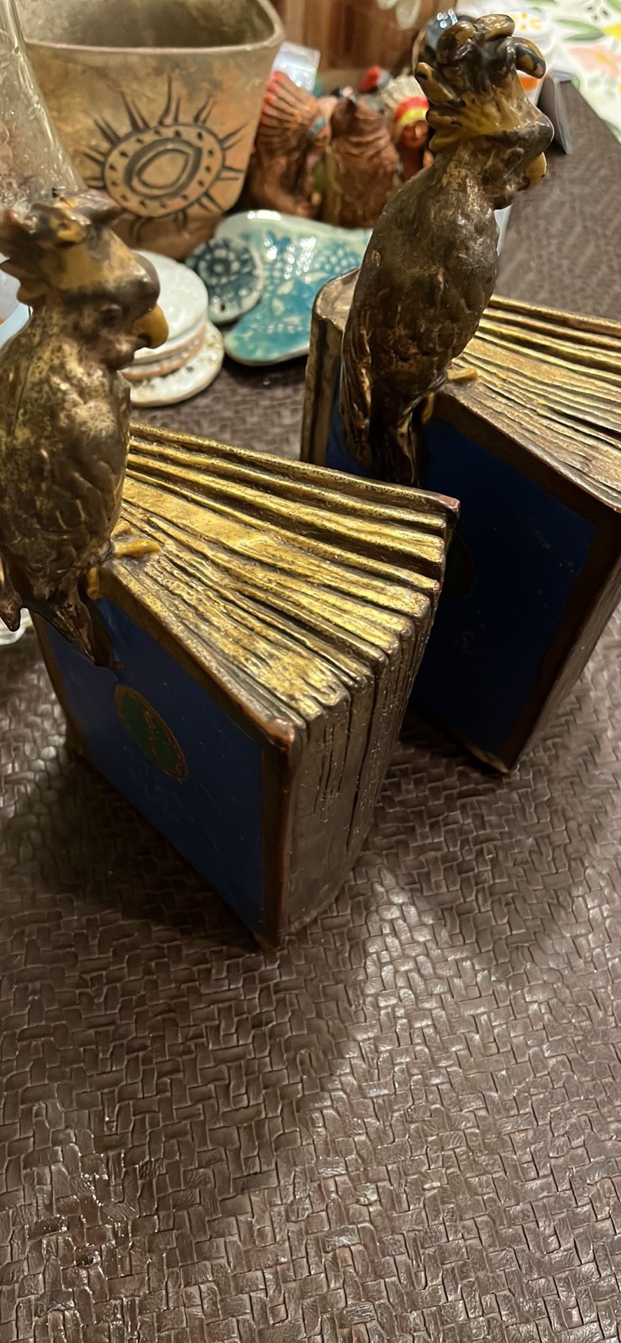Antique Pompeian Bronze "Atlas of the World with Cockatoo" Electroformed Polychrome Bookends- C. 1922