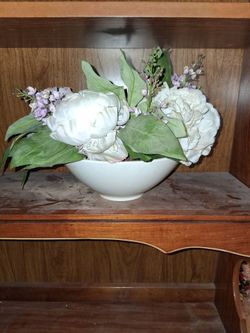 White Ceramic Bowl with Faux Floral Arrangement