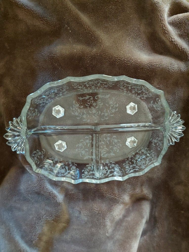 Vintage Baroque Chintz Etched Divided Footed Relish Dish Made in 1940's/1950's By Fosteria Glass Company
