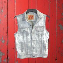 Levi’s Vintage Gray Acid Wash Denim Vest w Frayed Sleeve Holes Men Small
