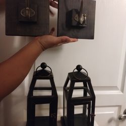 Matching Pair Of Rustic Candle Holder Lanterns With Wooden Metal Wall Plaques (View All Photos)