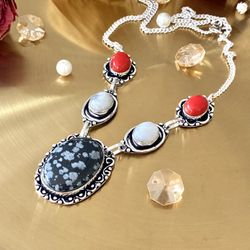 SnowFlake Obsidian, Rainbow Moonstone And Red Coral 925 Sterling Silver Overlay Necklace