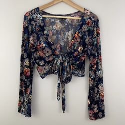 PAPER CLOSET Navy Blue Velvet Floral Semi Sheer Boho V Neck Waist Tie Blouse