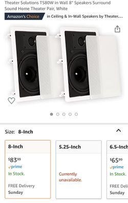 Theater Solutions TS80W in Wall 8" Speakers Surround Sound Home Theater Pair, White