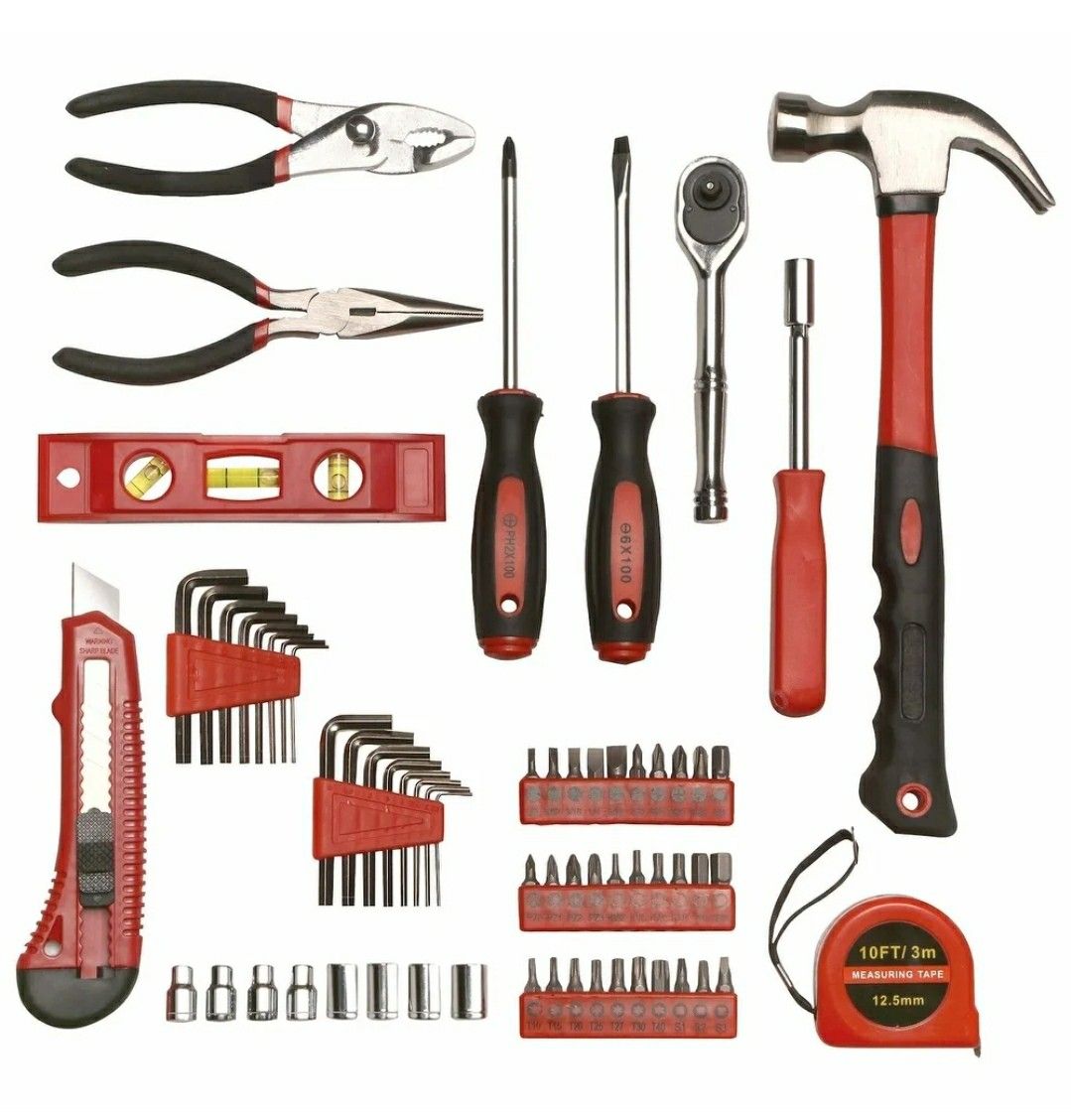 65 Piece Tool Set, General Household Hand Tool Kit with Storage Carry Case, Hammer, Screwdrivers, Ratchet, Sockets, Pliers, More