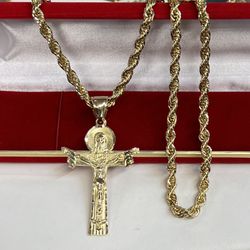 14k Gold Plated (stamped ) Rope Necklace And  Jesus Pendant 💥brand New 💥