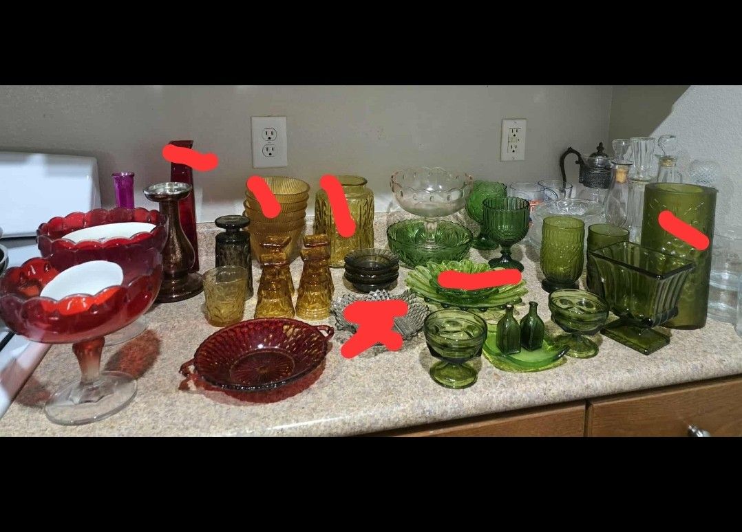 Vintage Red Amber Green Pink Glassware
