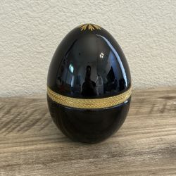 Vintage Cenedese Murano Black "Opaline" large heavy Glass Egg Jewelry Casket with Bronze Dore Trim & gold gilt decoration. Made by Ars Cenedese Co in 