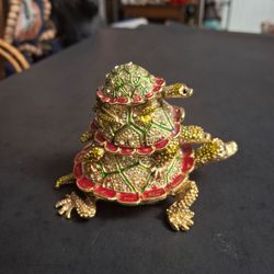 Gold-Toned Bejeweled Three Stacked Turtle Family Trinket Box, Metal Decorated W/Enamel Work & Crystal Rhinestones 3"Hx4.25"Lx3"W In Mint Condition