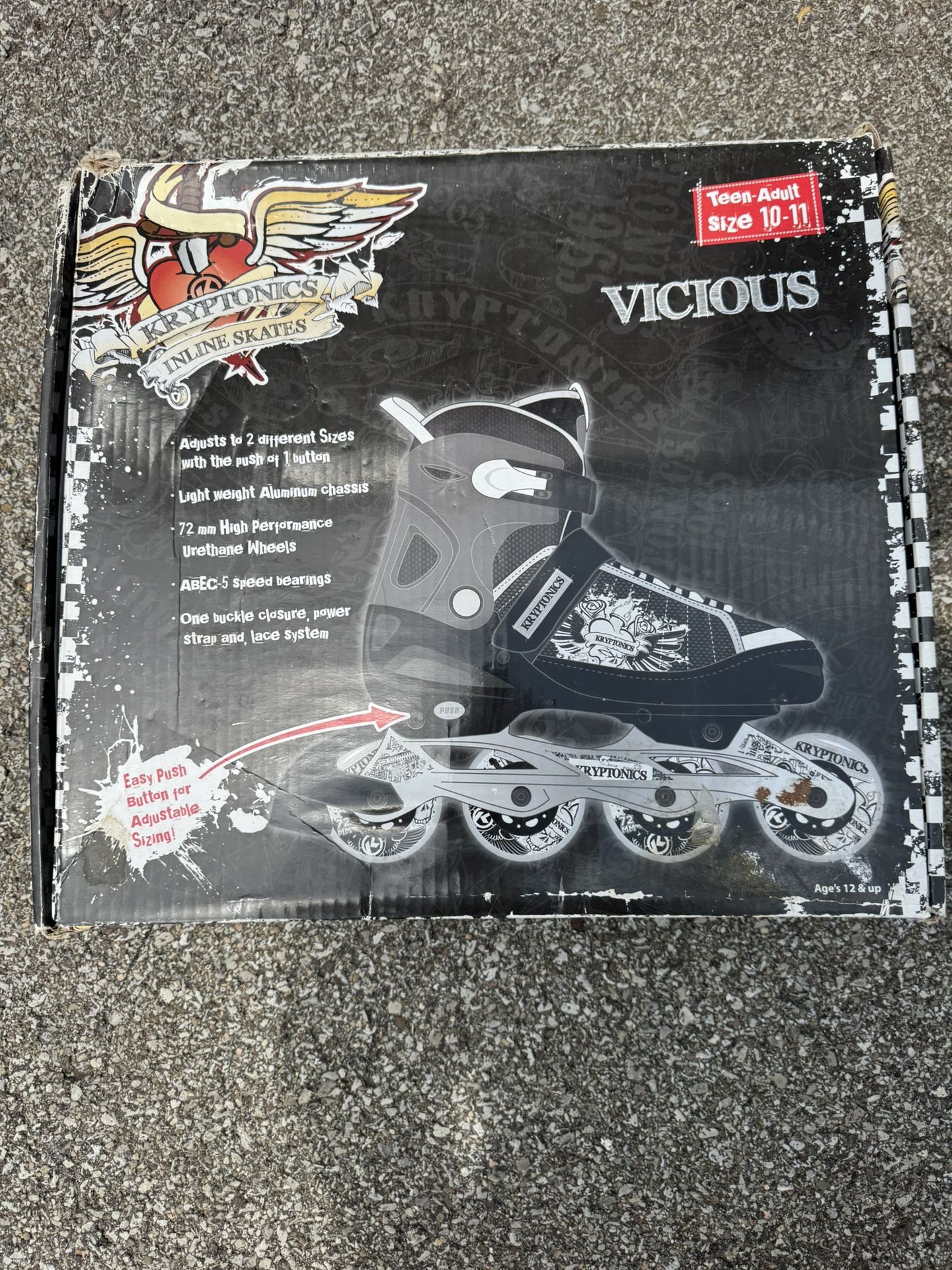 New Kryptonics Inline Skates VICIOUS Adult Size 10/11 Adjustable Unisex Teen Box