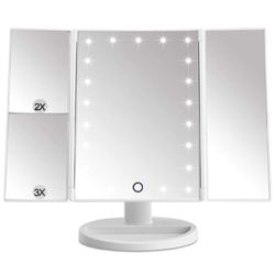 Makeup Mirror 21 LED Vanity Mirrors Tri-Fold Adjustable with 3X 2X Magnification 180 Degree Free Rotation USB Charing Mirror for Cosmetic Travel Table