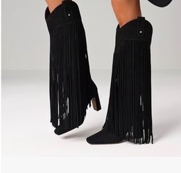 Size 9 Knee High Boots for Women Fashion Fringe Boots with Square Toe Chunky Heel Pull On Suede Tall Boot for Party Dating