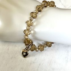 Brown Crystal Heart Charm Stretchy Bracelet 