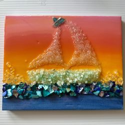 Canvas Sea glass Handmade 8x10