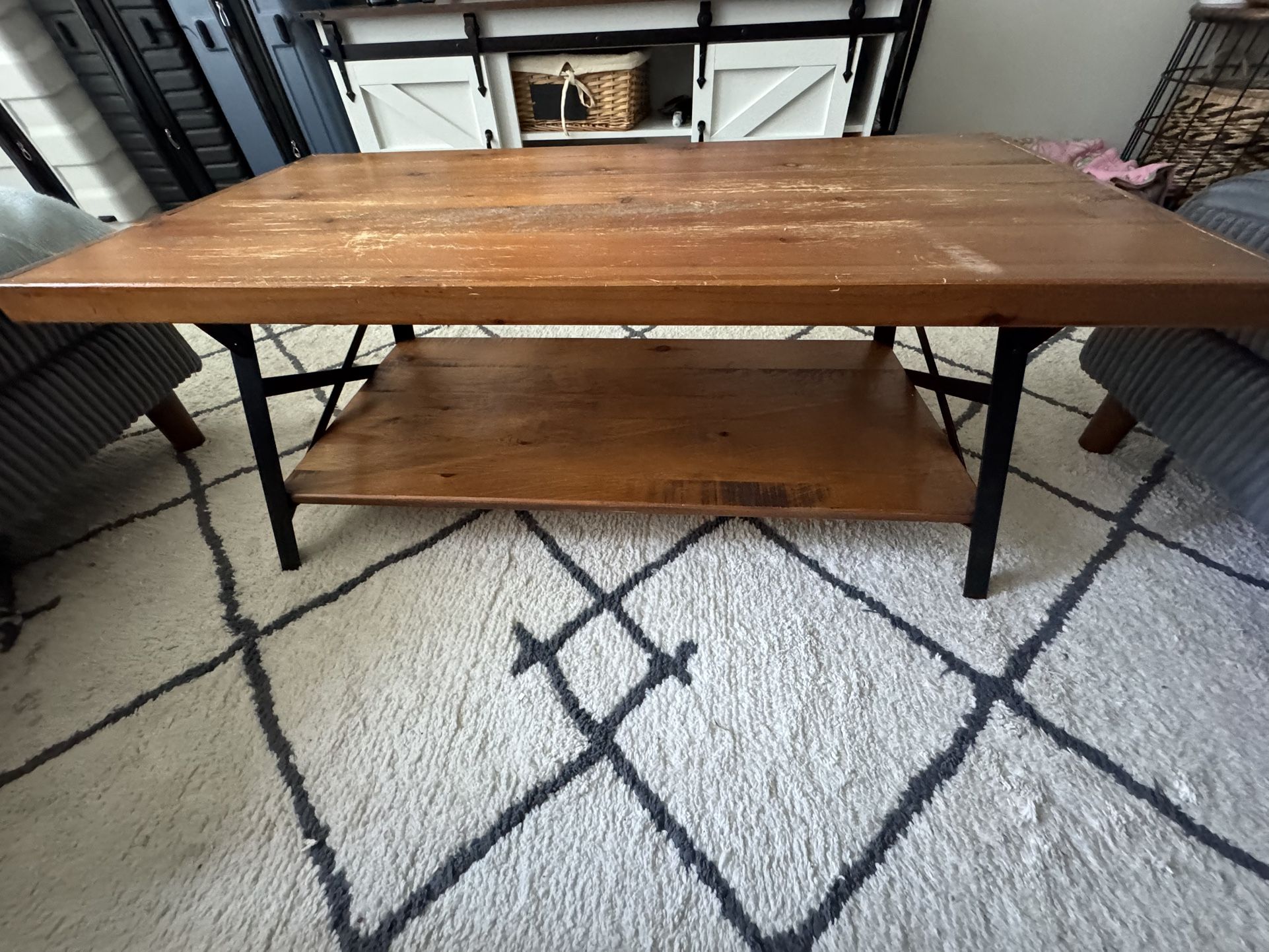 Rustic Wood & Metal Coffee Table – Sturdy with Storage Shelf!