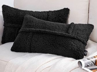 2 pc black Sherpa w velvet back 12"x20" decorative accent pillow covers (no inserts)