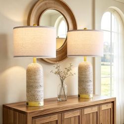 RORIA 25" Set of 2 Touch Rustic Table Lamps for Living Room and USB A+C