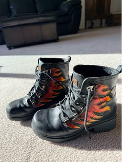 Harley Davidson Women's Leather Flame Combat Motorcycle Boots - size 8.5