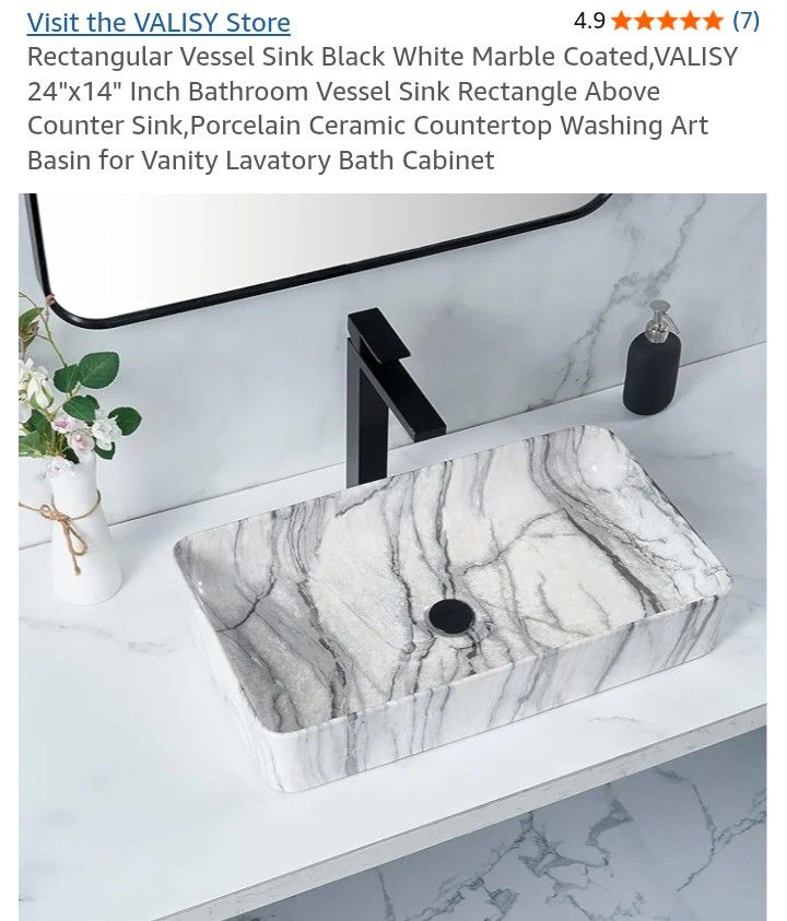 Rectangular Vessel Sink Black White Marble Coated,VALISY 24"x14" Inch Bathroom Vessel Sink Rectangle Above Counter Sink,Porcelain Ceramic Countertop W