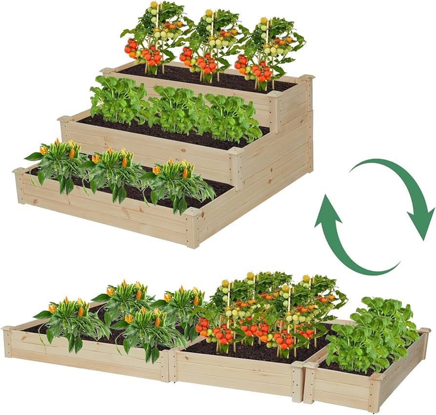 2-in-1 Raised Garden Bed, Wooden Elevated Garden Planter, Planting Container for Vegetables, Herbs Outdoor