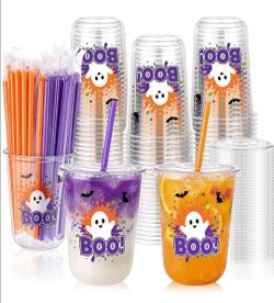 100 Set 16oz Halloween Ghost Print Plastic Cups with Lids & Straws
Disposable, Round Bottom, Clear Cute Boo Ghost Cups for Cold Drinks Iced Coffee Sod