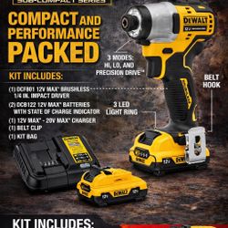 DeWalt 12V MAX Brushless Impact Driver Kit w/ 2 Batteries, Charger & Bag (New) DeWalt, impact driver, power tools, cordless drill, contractor tools, b