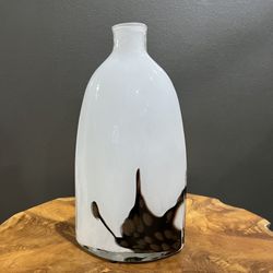 Murano Style Art Glass Bottle Hand Blown White Splash of Black Brown Decorative Object