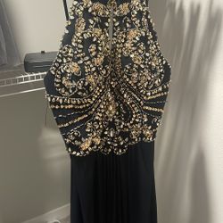Elegant Navy Blue Evening Gown with Gold Embellished Bodice