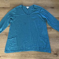 Pure Jill Sweater Womens M Petite Blue Pockets V-Neck Long Sleeve Cashmere Blend  