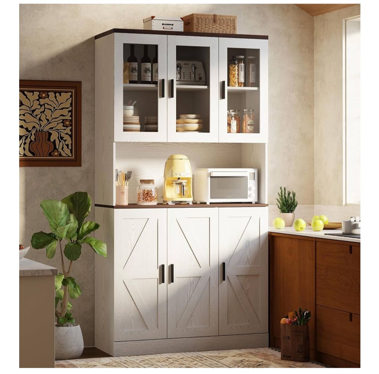 Brand New In The Box- IRONCK 71" Tall Kitchen Pantry Cabinet with Microwave Shelf, White Hutch Cabinet with Storage Power Outlet, Food Pantry for Kitc