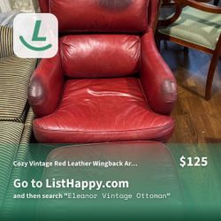 Cozy Vintage Red Leather Wingback Armchair & Ottoman Set