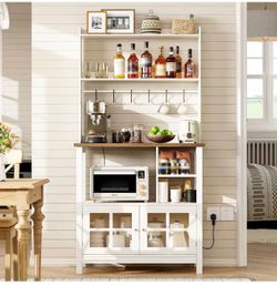 Coffee Bar Cabinet, Microwave Stand Kitchen Cabinet with Hutch and 6 Hooks, Soft White & Brown