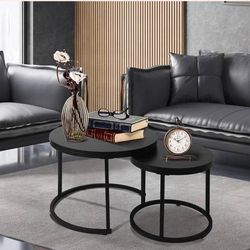 Nesting Coffee Table Set of 2, Round Nesting Tables with Metal Frame, Modern Industrial Marble Pattern Nesting Side Tables for Living Room, Bedroom, A
