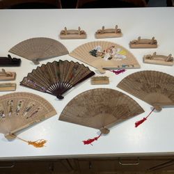 Chinese Hand Fan & Stand Lot 