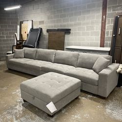 Gray fabric extra long sofa couch with ottoman